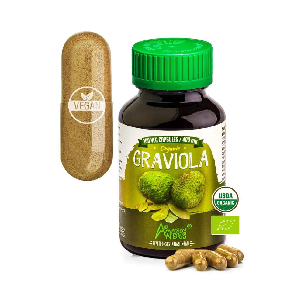 Amazon Andes Graviola Capsules - Rich in Vitamin C & Fiber - Immune System Stimulator - Healthy Cell Function - Vegan, Non GMO, Gluten-free, Fairtrade Certified - 100 Soursop Pills (400mg)