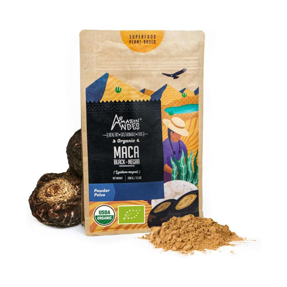 Amazon Andes Black Maca Root Powder (Lepidium meyenii) - contains Carbohydrates & Minerals - Adaptogen superfood & Health Promoter - Gelatinized, Vegan, Non-GMO & Allegen-free - 7 Ounce (40 Servings)