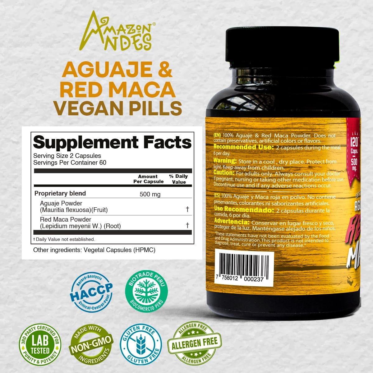 Aguaje with Red Maca Powder - 120 Pills - 1000mg Serving - Rich Phytostrogens Source - 100% Natural - Non GMO - Vegan - Wild Harvested in Peru — image 2